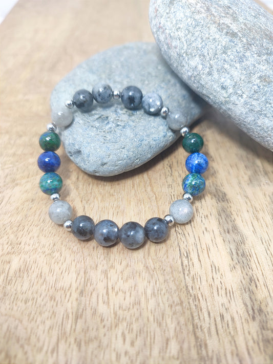 Bracelet Larvikite- Labradorite et Azurite.