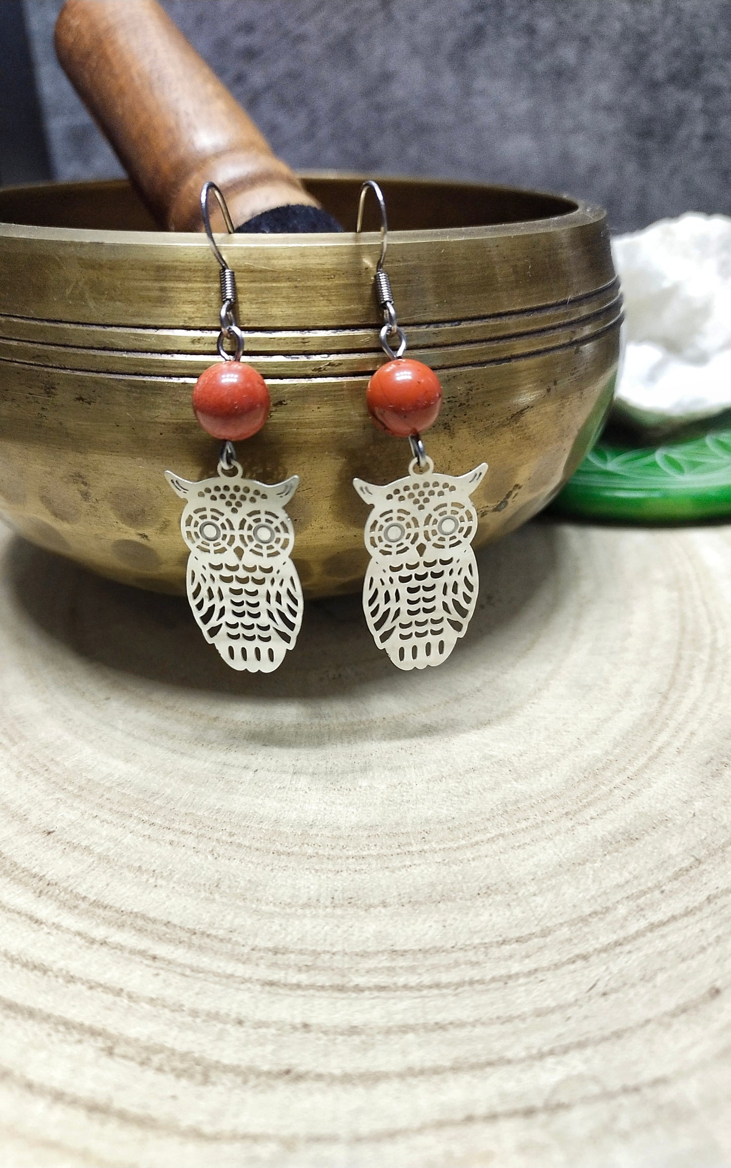 Boucles d'oreilles "Hiboux" Jaspe rouge