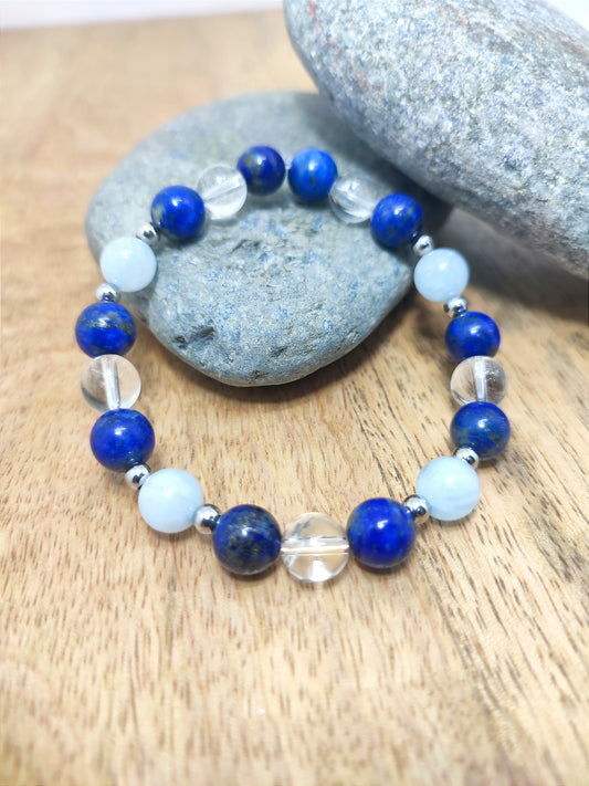 Bracelet Aigue marine/ Lapis Lazuli et Cristal de roche.