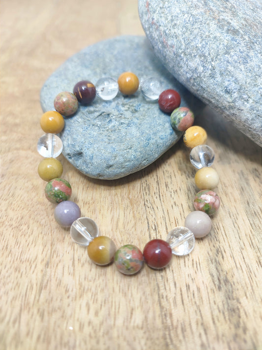 Bracelet en Unakite, Jaspe mokaite et cristal de roche.